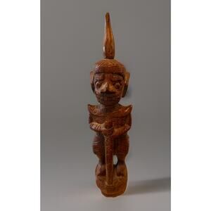 Vintage Wooden Thai Temple Guardian Figure Hand Carved Teakwood Preowned